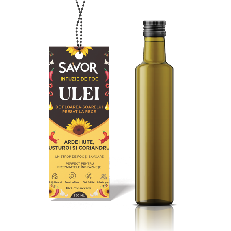 Infuzie de Foc - Ulei de Floarea-Soarelui Presat la Rece Infuzat cu Ardei Iute, Usturoi și Coriandru